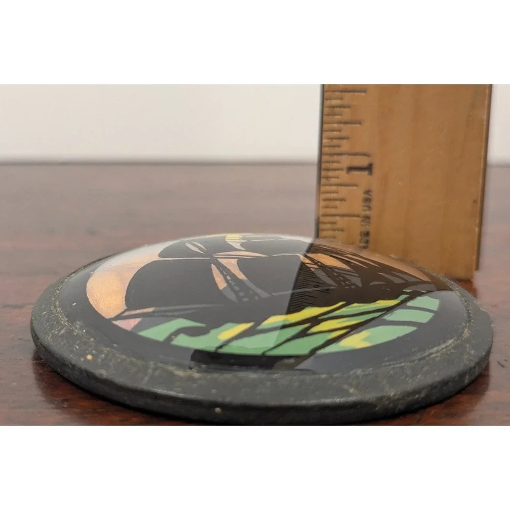 Vintage Real Butterfly Wing Art Sailing Ship Reverse Painted Glass 3in Round
